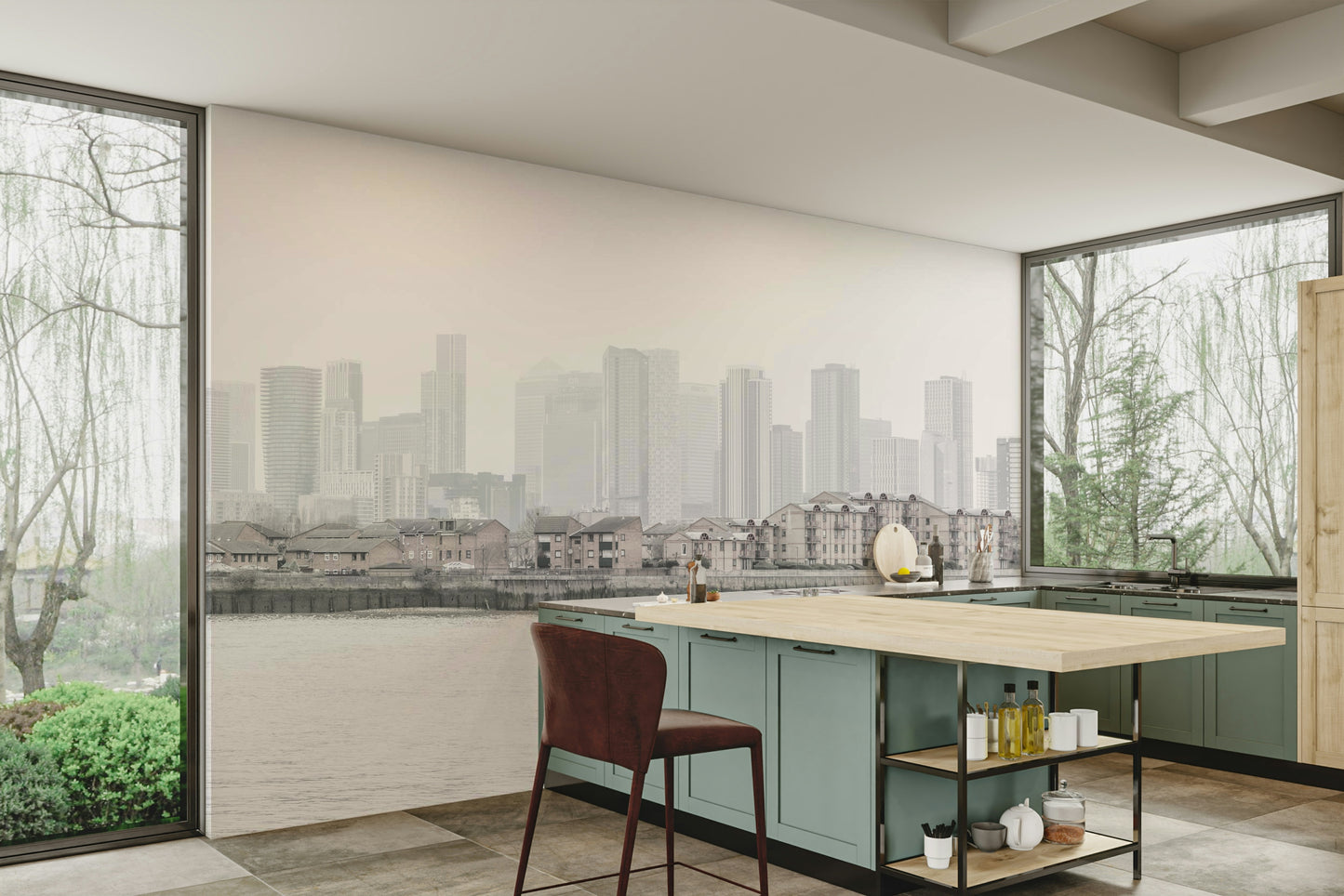 Features a panoramic view of a city, partially obscured or softened by a gentle haze, fog, or mist.
