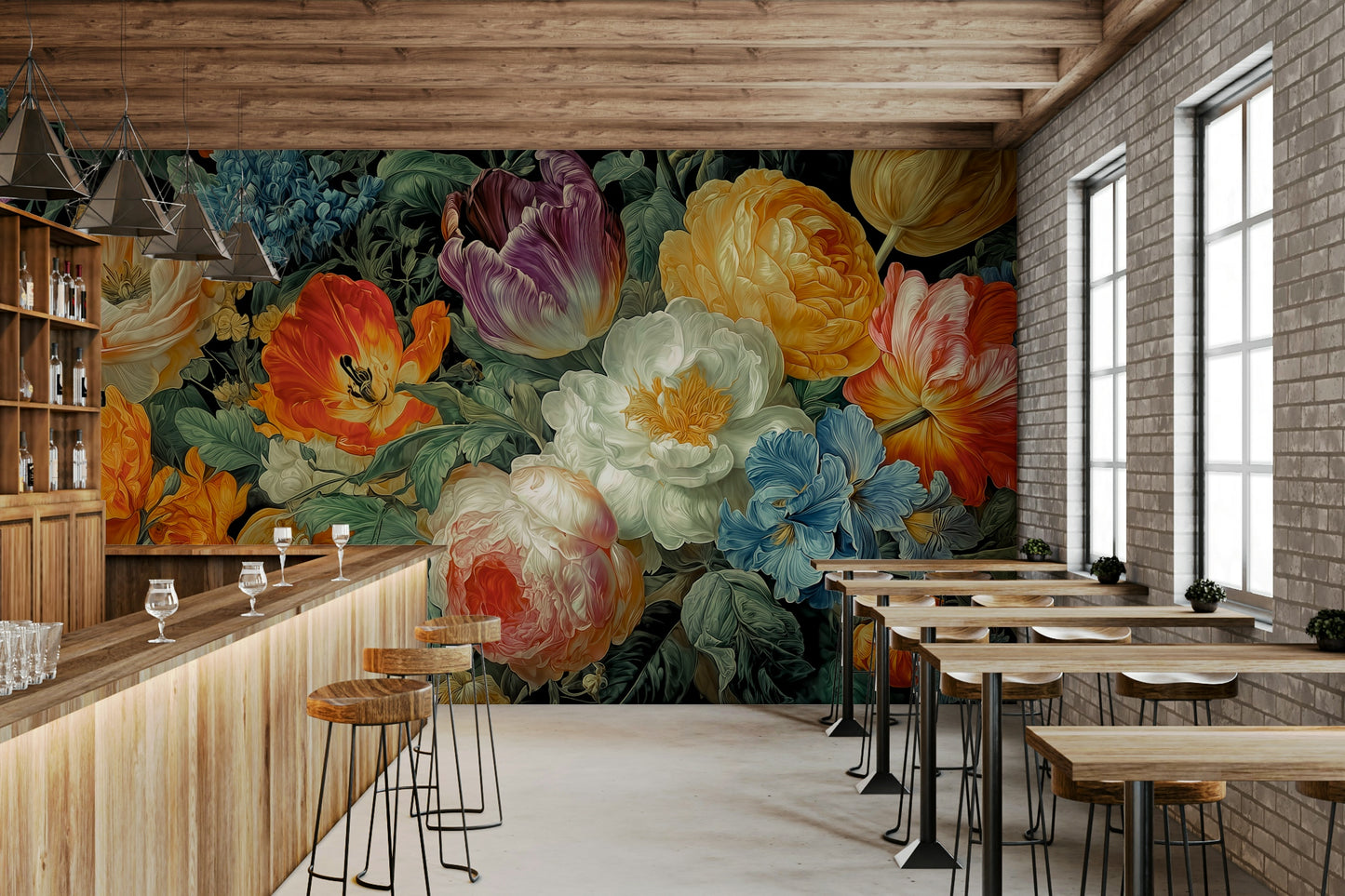 The design evokes the grandeur of classical floral paintings, with intricate details and a luxurious feel.
