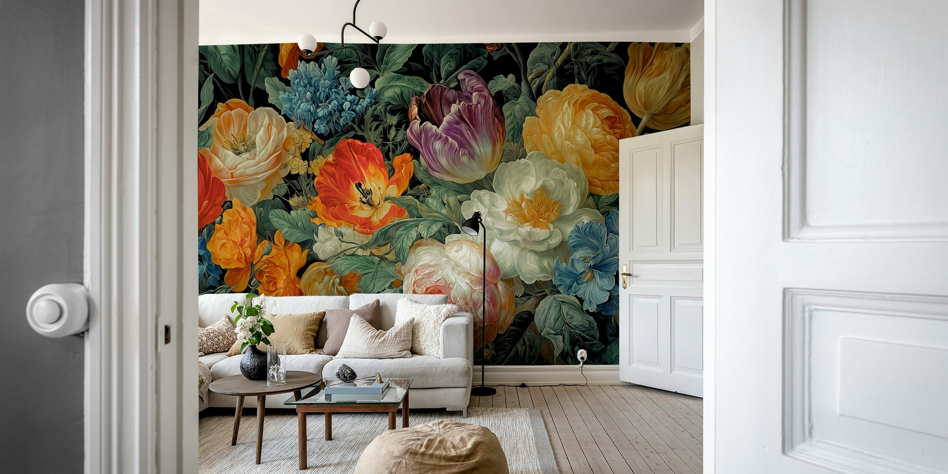 Features a dense arrangement of various radiant blossoms, including prominent tulips, peonies, and other vibrant flowers.
