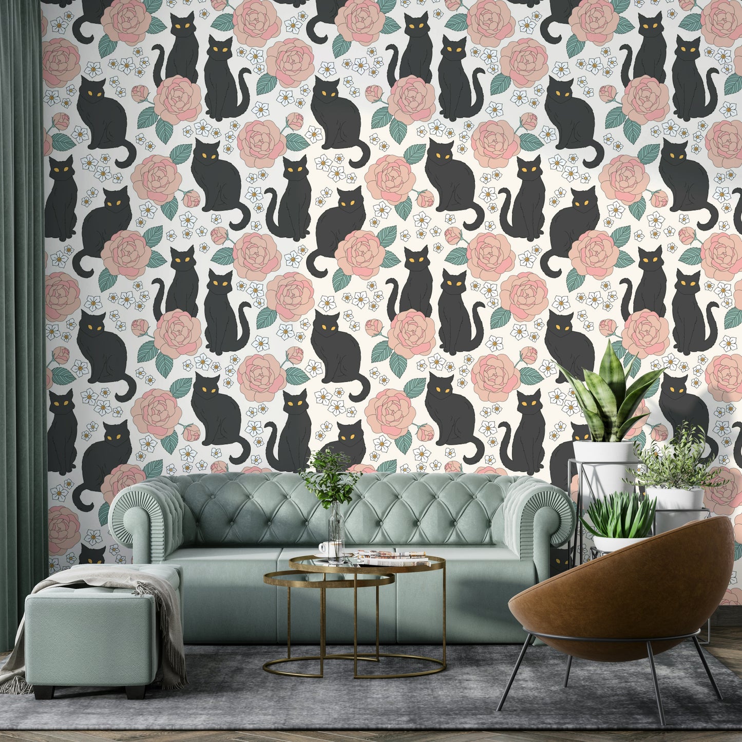 Features elegant black cats interacting with various floral and botanical elements.
