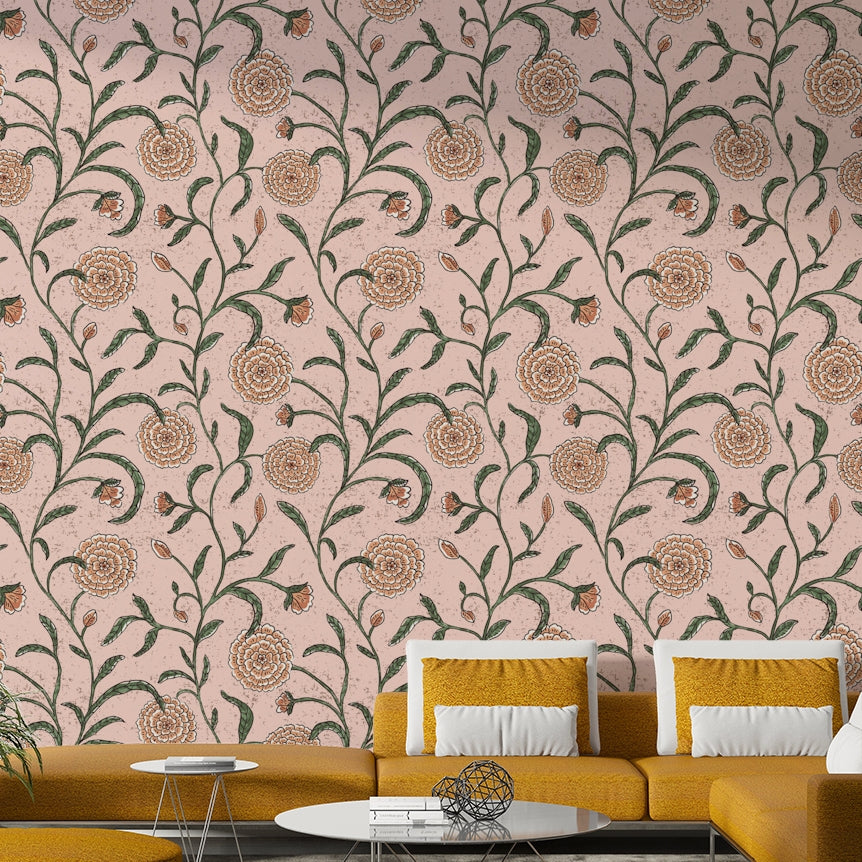 Features delicate, trailing botanical designs.
