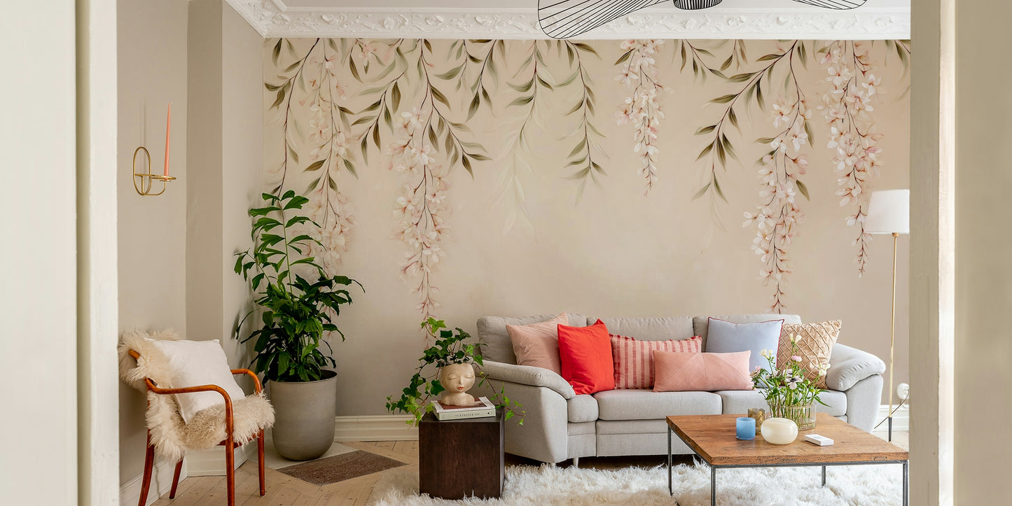 A soft and ethereal floral wall mural.
