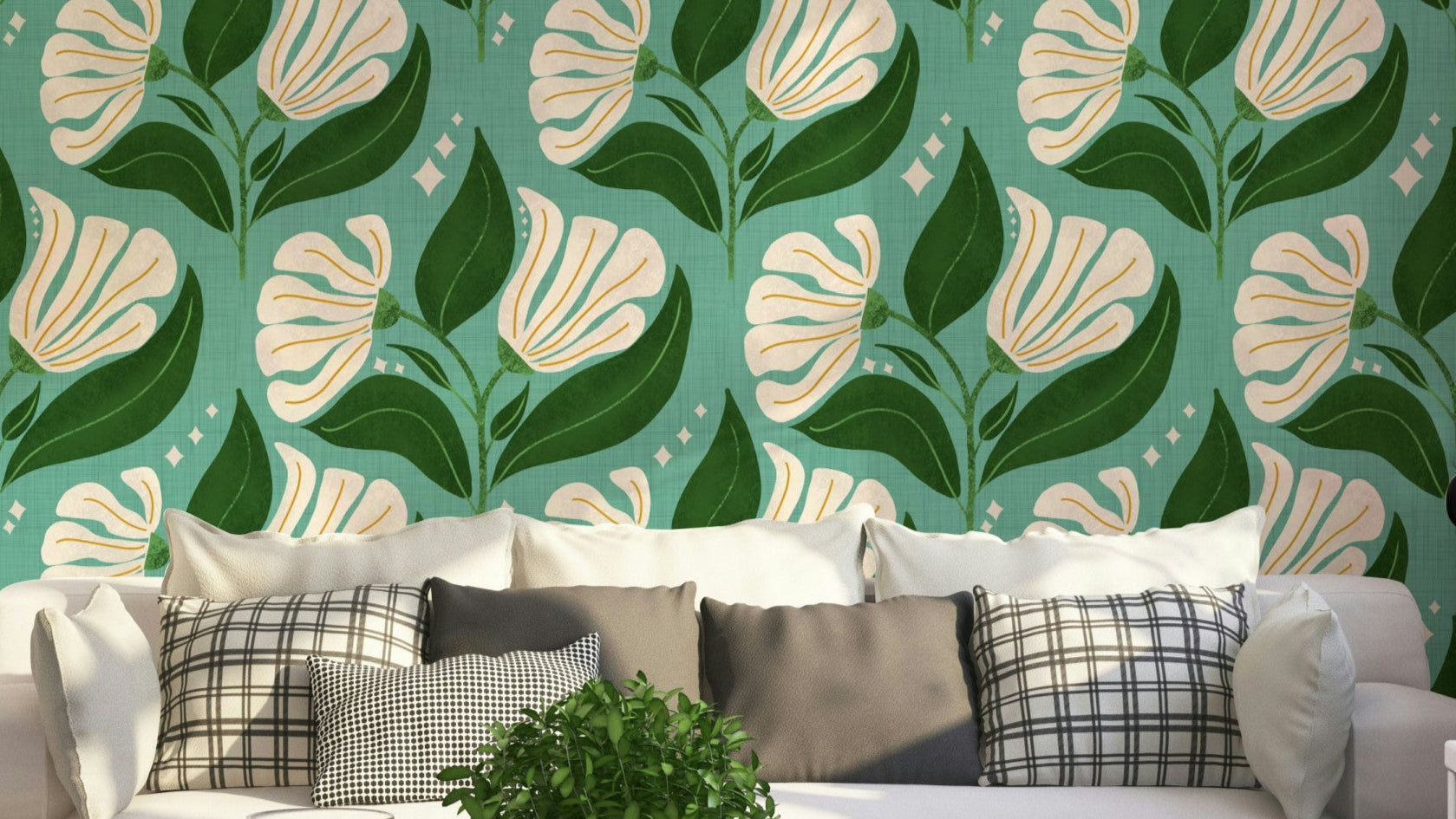 A bold, retro-themed floral wallpaper pattern.
