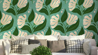 A bold, retro-themed floral wallpaper pattern.
