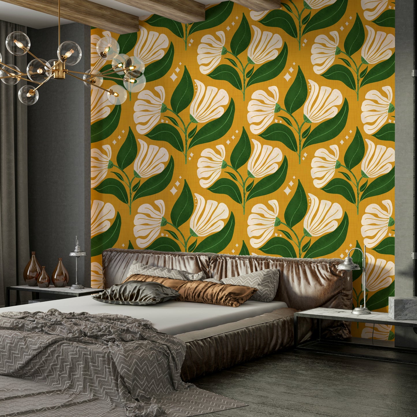 A bold, retro-themed floral wallpaper pattern.
