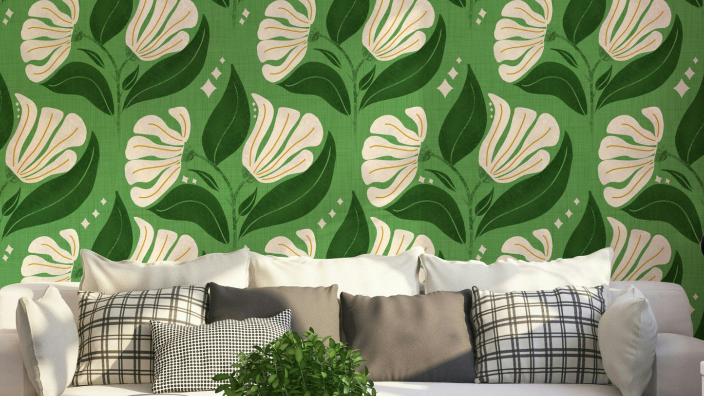 A bold, retro-themed floral wallpaper pattern.
