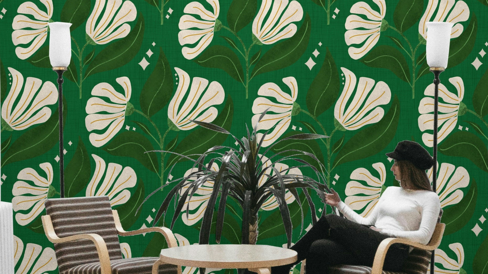 A bold, retro-themed floral wallpaper pattern.
