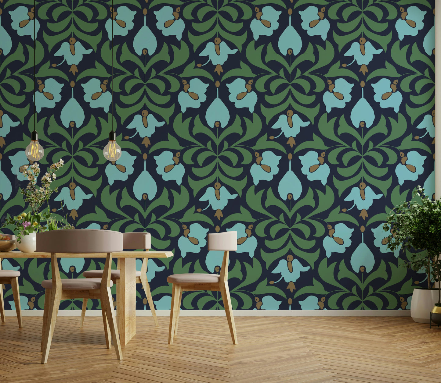 Rich, jewel-toned flowers and foliage are visible.
