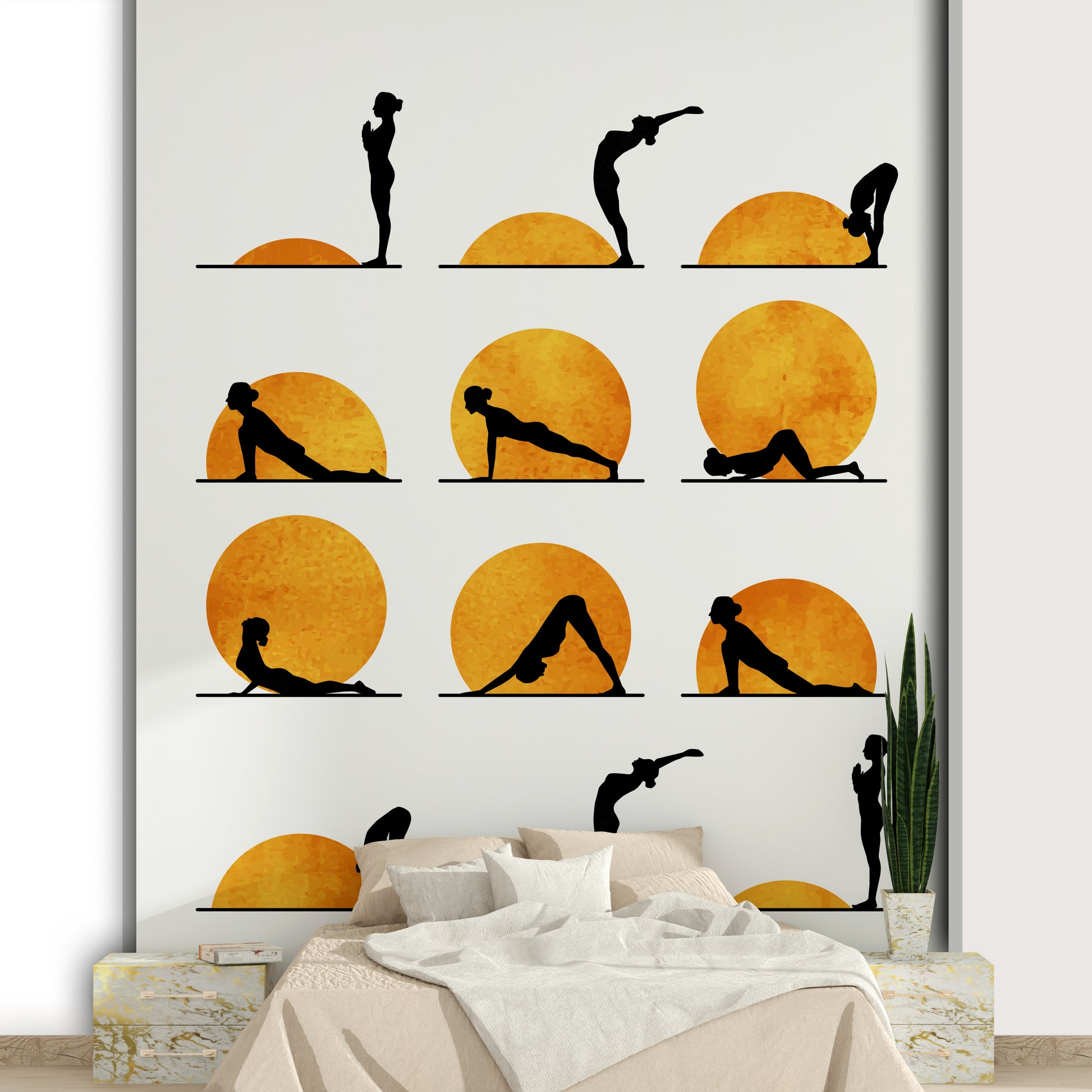 Features a stylized sun, possibly with human figures in yoga poses or abstract representations of energy/chakras.
