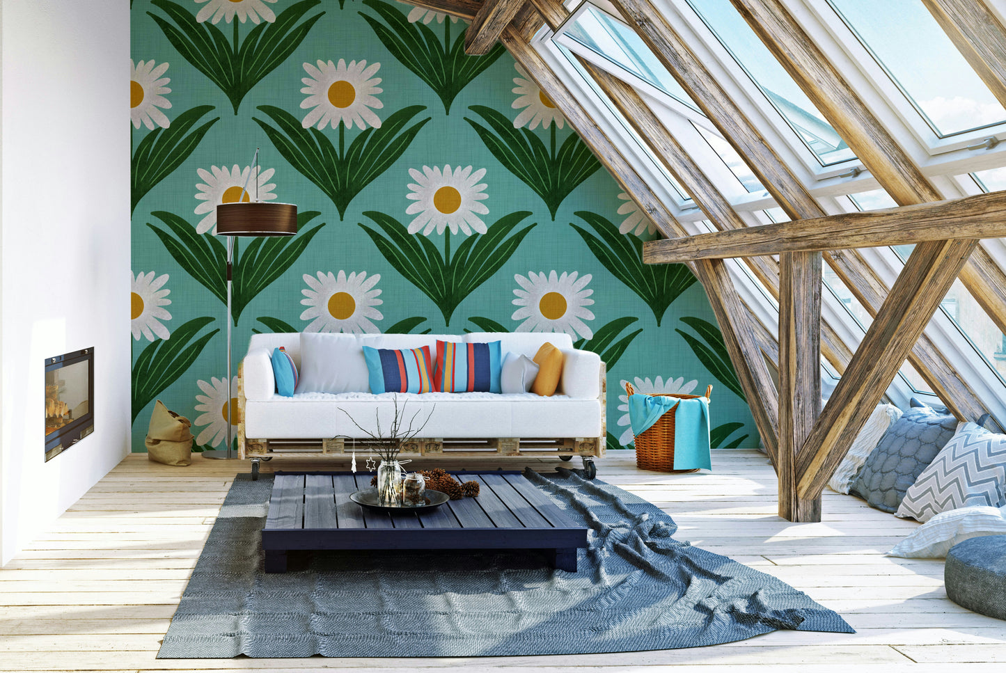 The background is a distinct retro blue.
