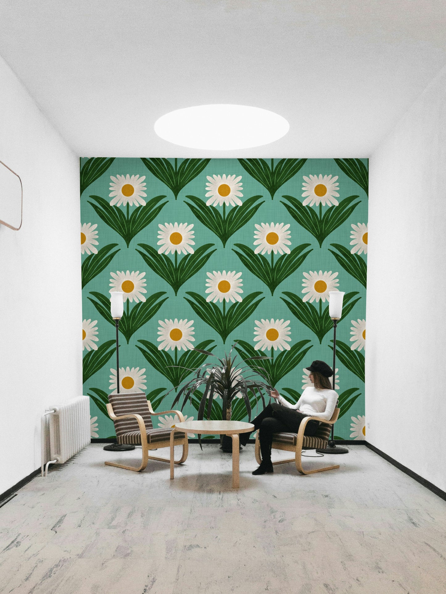 Features large, stylized daisy flowers and other mod florals.
