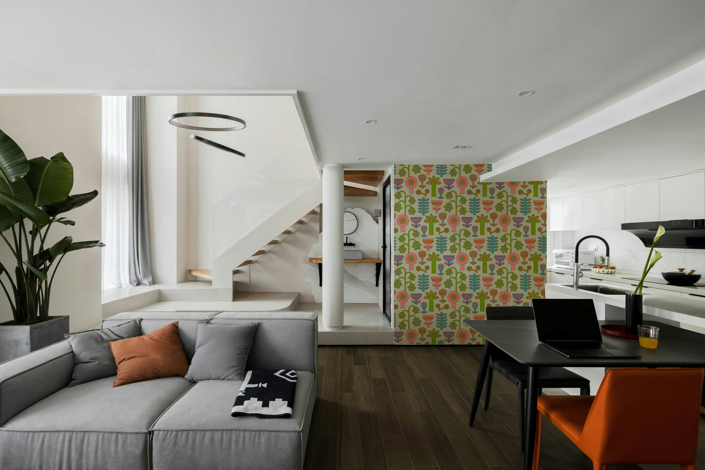 The design blends retro and Scandinavian influences.
