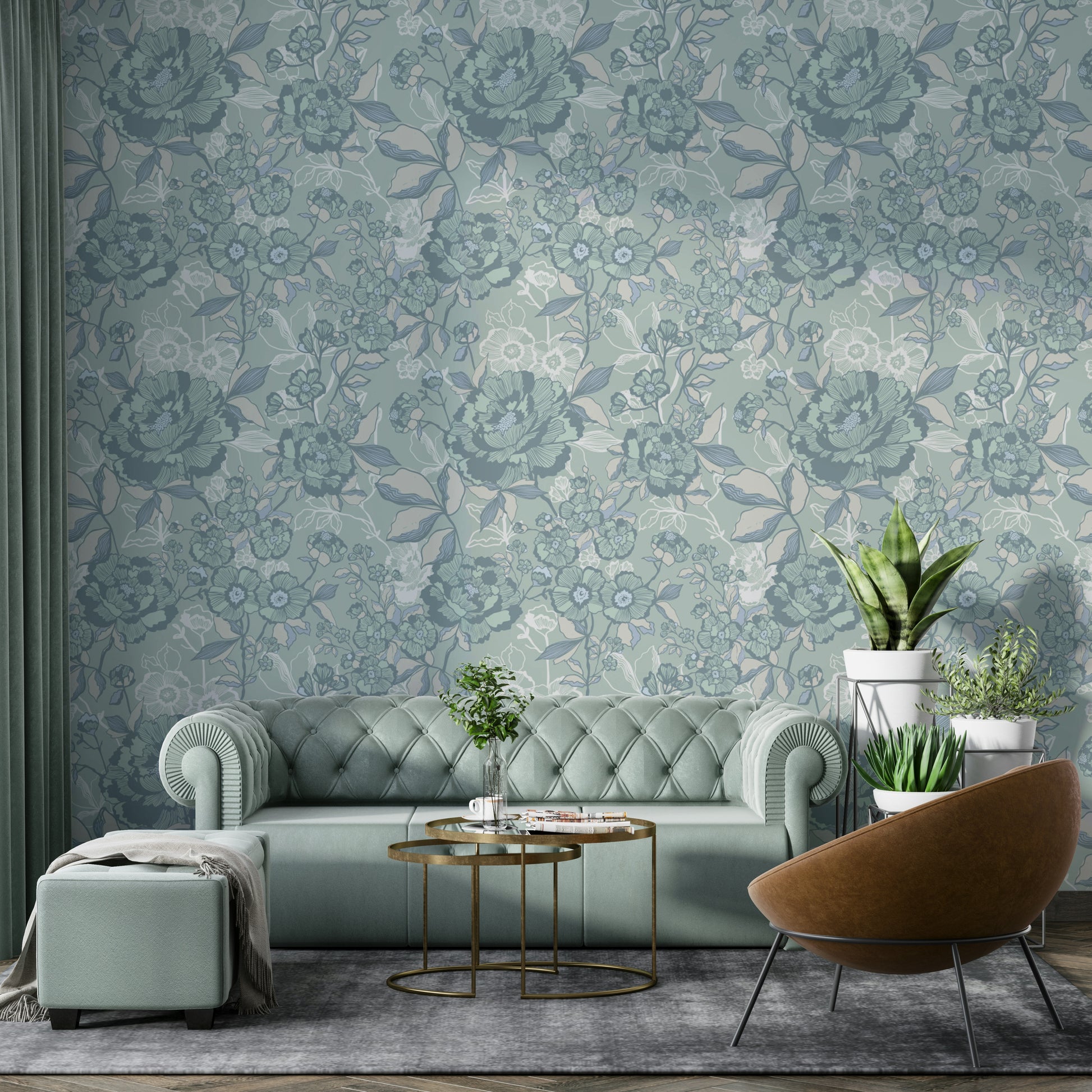 Wallpaper with a pattern of flowers and leaves.

