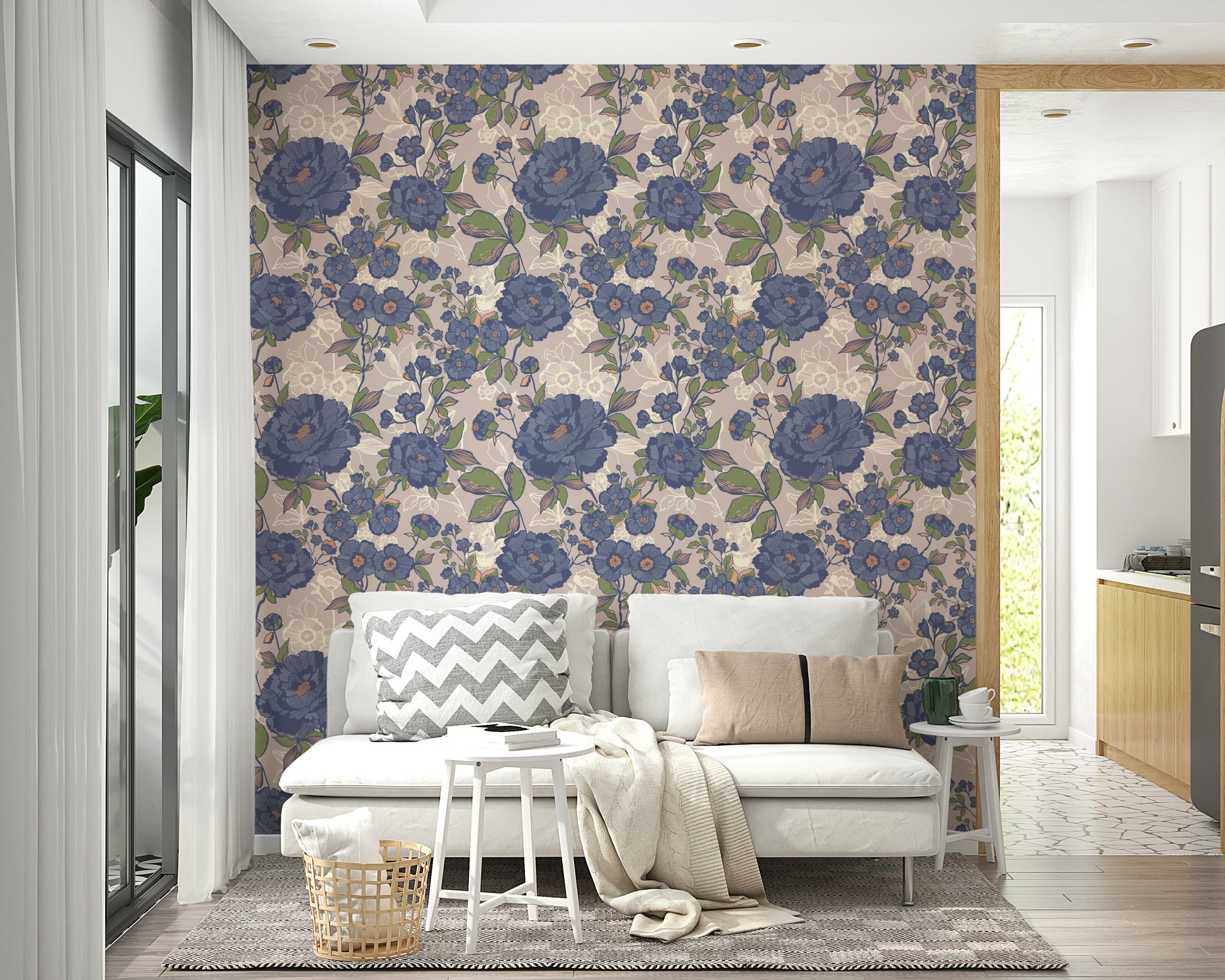 Wallpaper with a pattern of various classic flowers.


