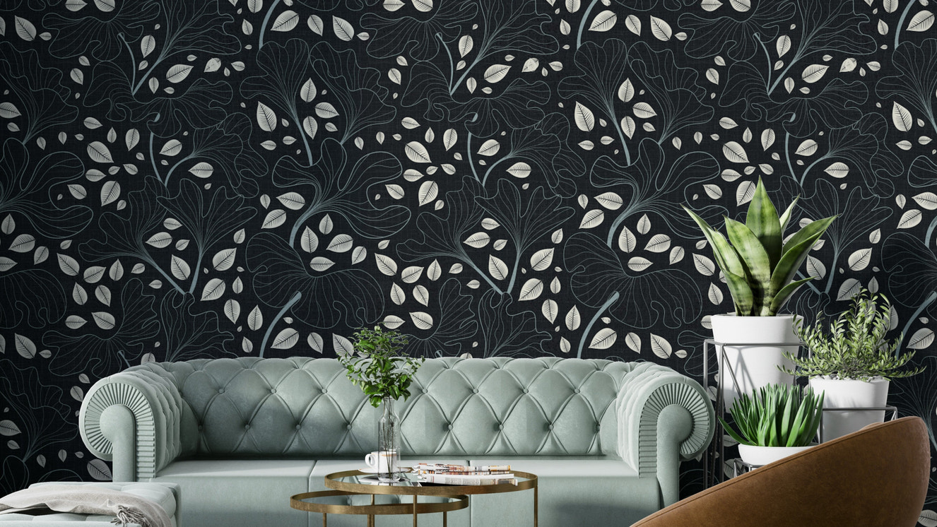 Timeless Ginkgo Garden Navy and White Wallpaper.

