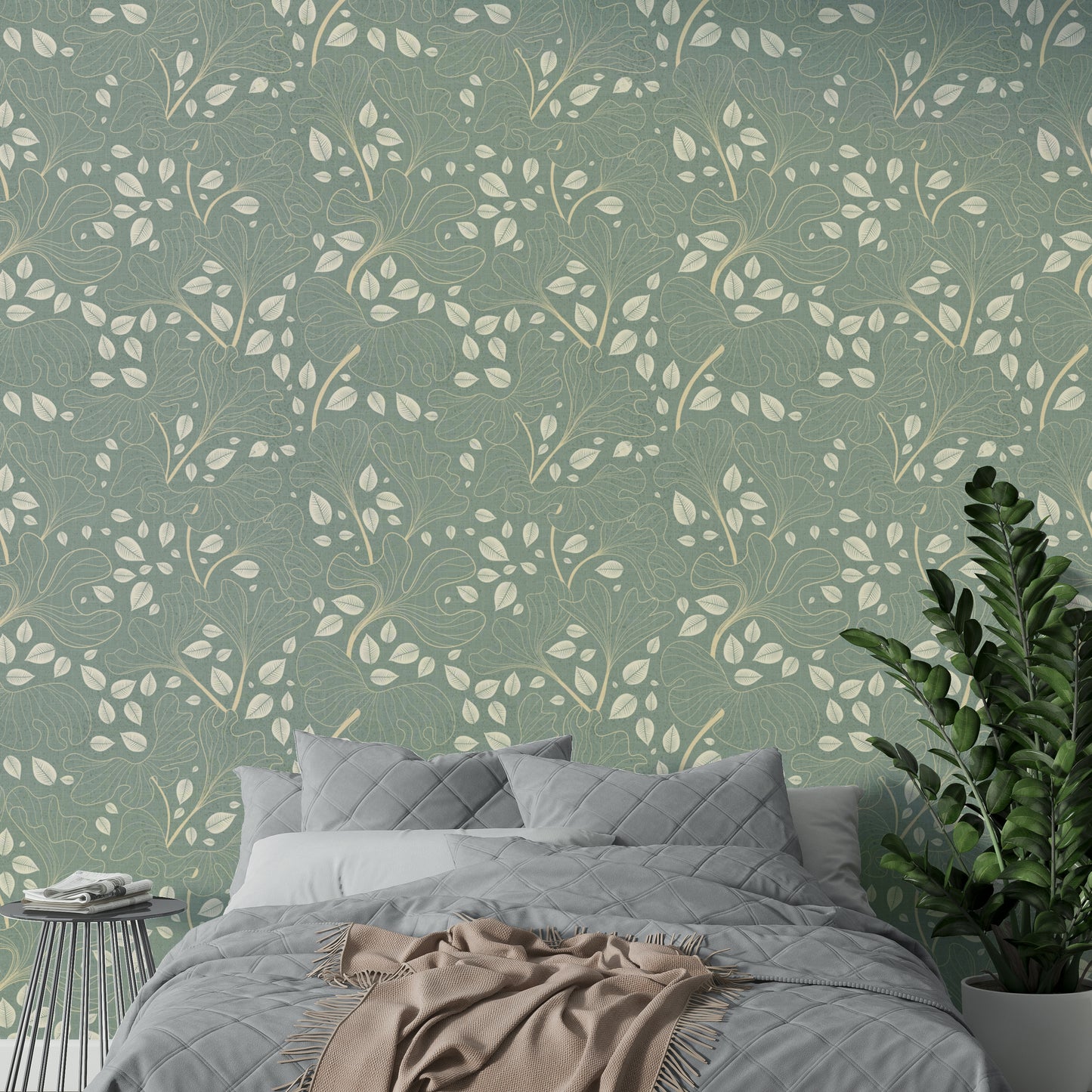 Wallpaper with a pattern of ginkgo leaves.

