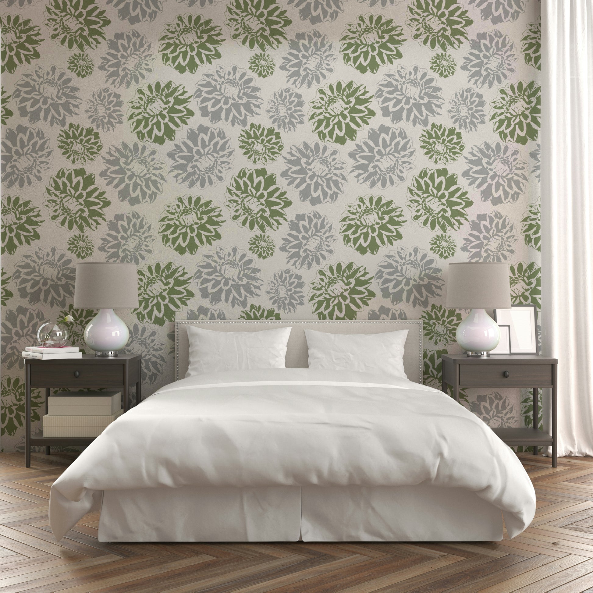Dhalias green and blue mural for a bedroom.

