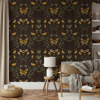 Floral and insect wallpaper with a mix of colors.

