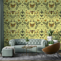 Wallpaper with a pattern of insects and plants.

