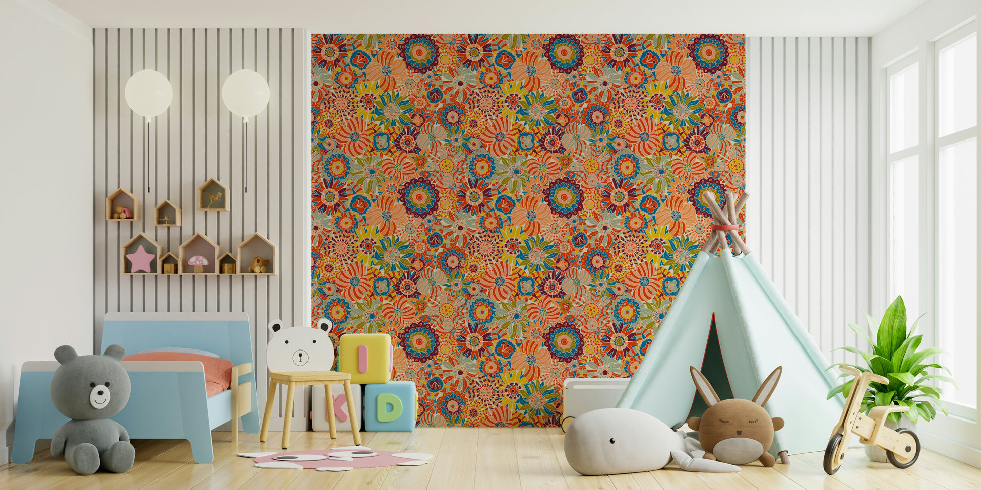 Vivid Colors Scandi Flowers mural for a bedroom.

