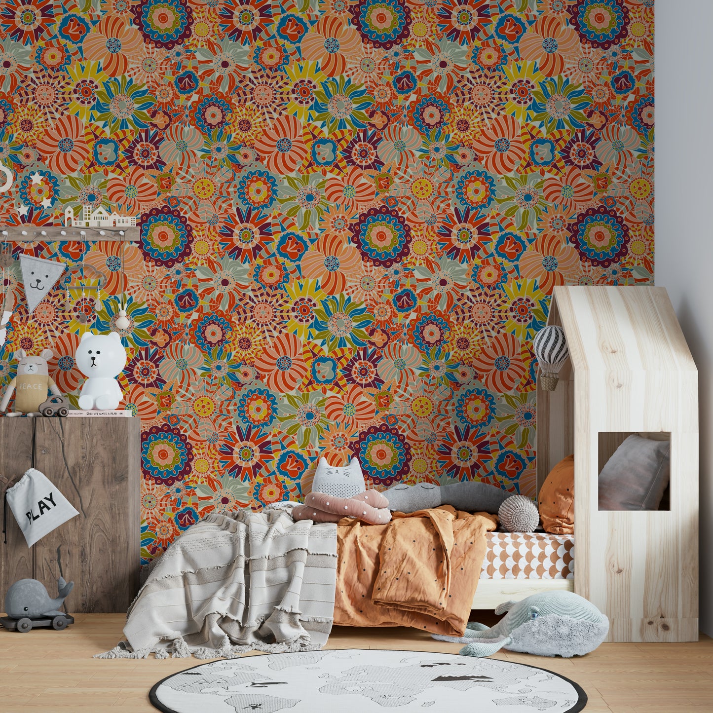 Vivid Colors Scandi Round Flowers Wallpaper.

