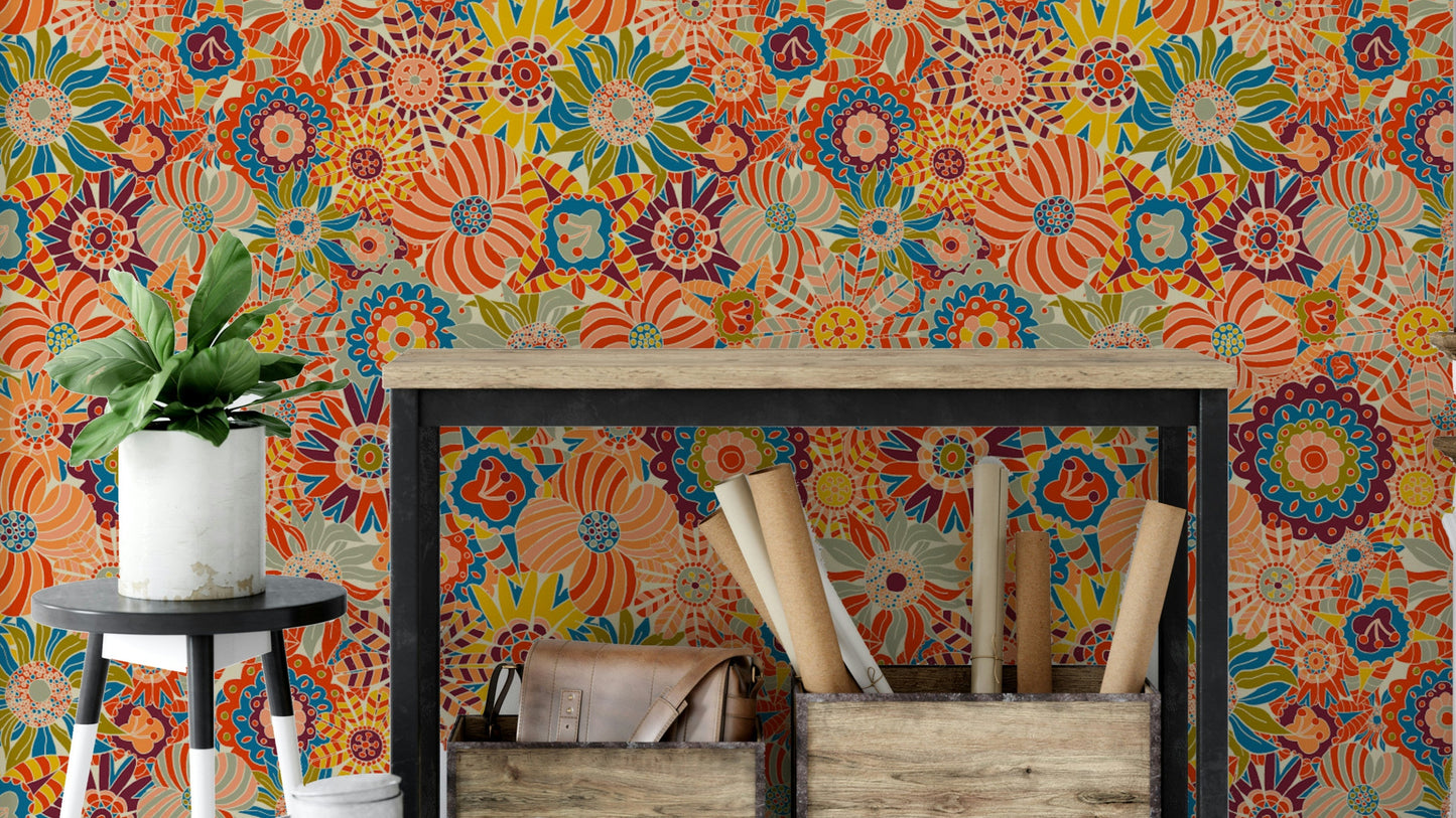 Close-up of the orange and blue flowers.

