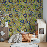 Wallpaper with a pattern of various colorful flowers.

