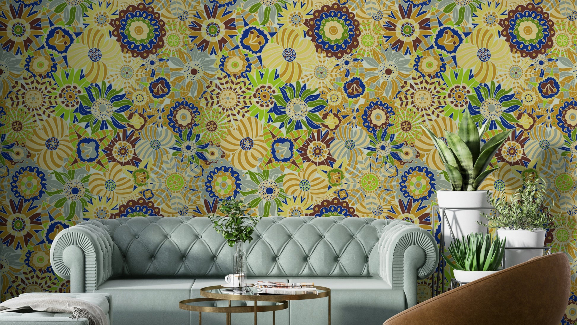 Wallpaper with a whimsical, hand-drawn floral design.

