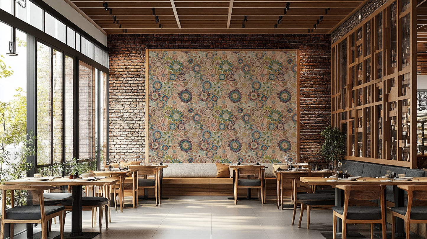 Wallpaper with a pattern of various colorful flowers.

