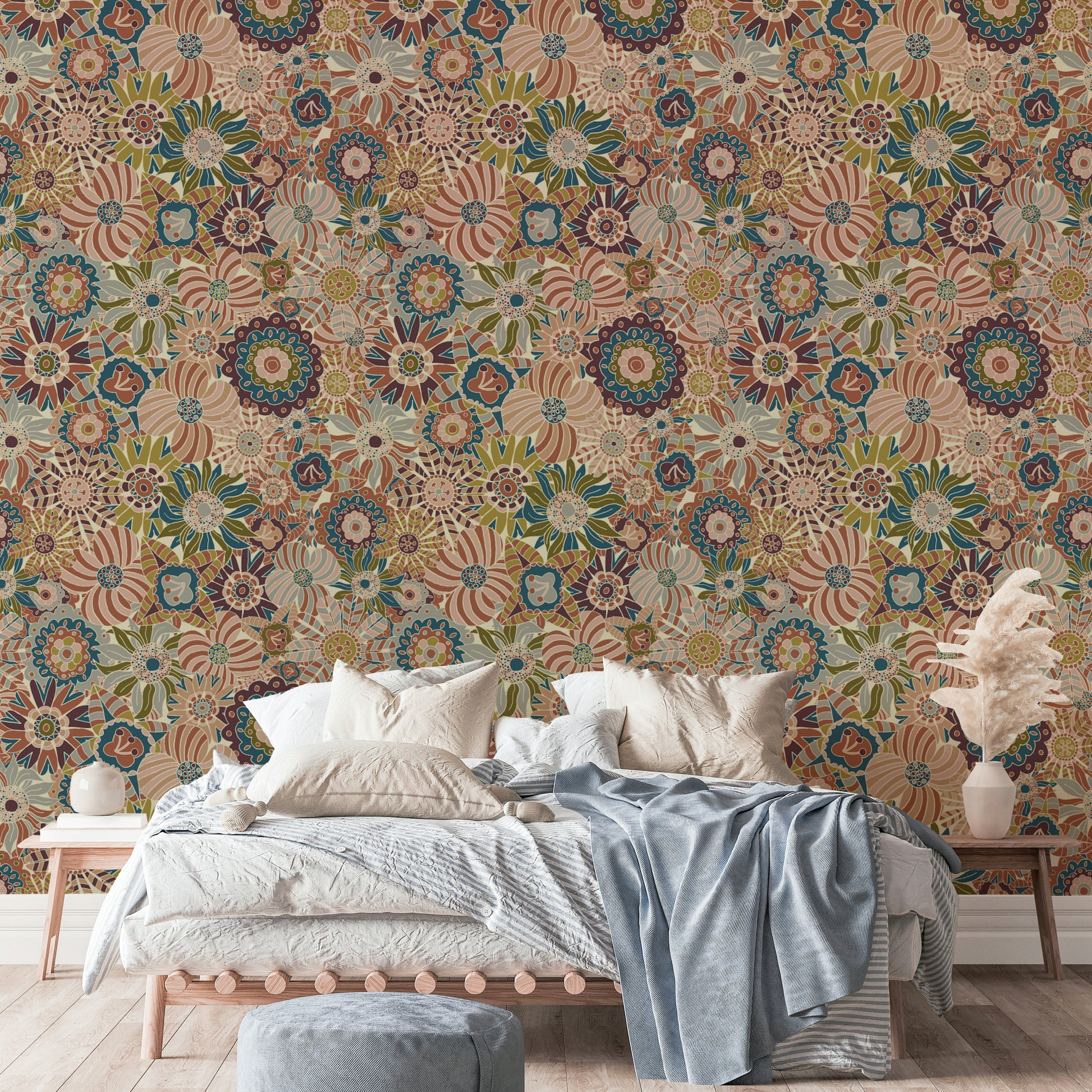 Neutral Spring Scandi Flowers mural for a bedroom.

