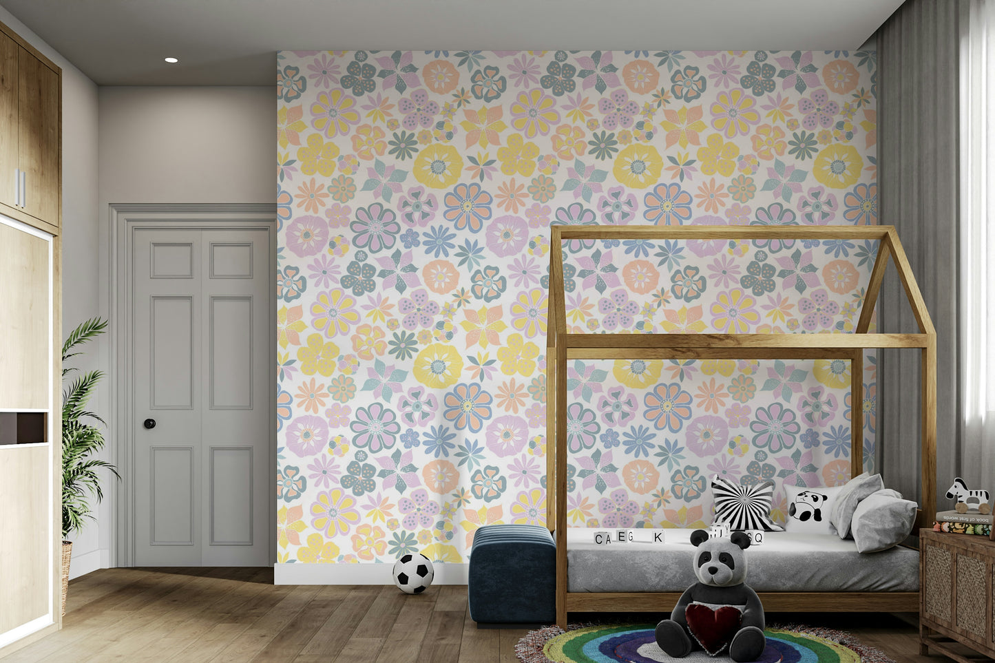 Wallpaper with a pattern of various colorful flowers.

