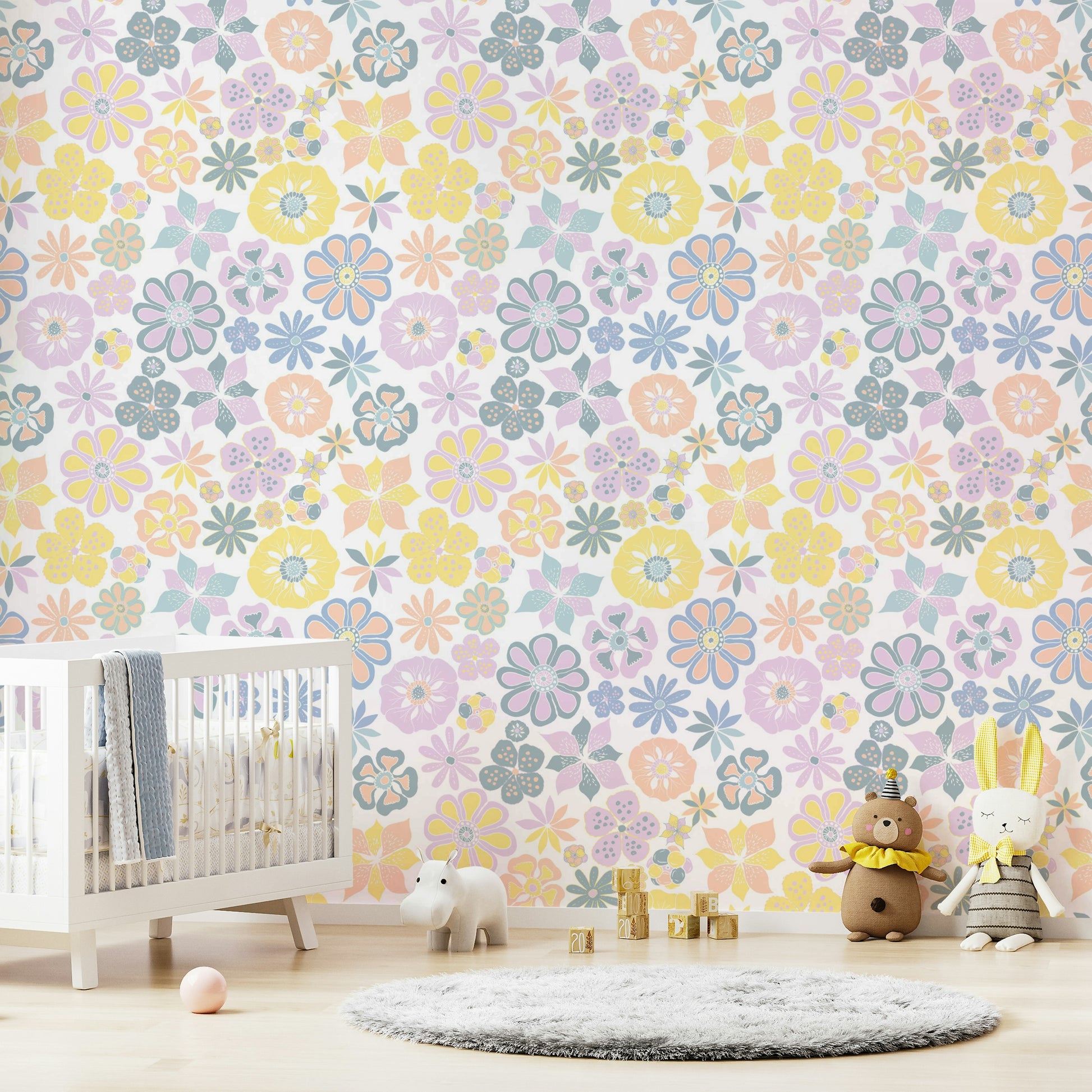 Wallpaper with a whimsical, hand-drawn floral design.

