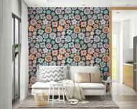 Wallpaper with a whimsical, hand-drawn floral design.

