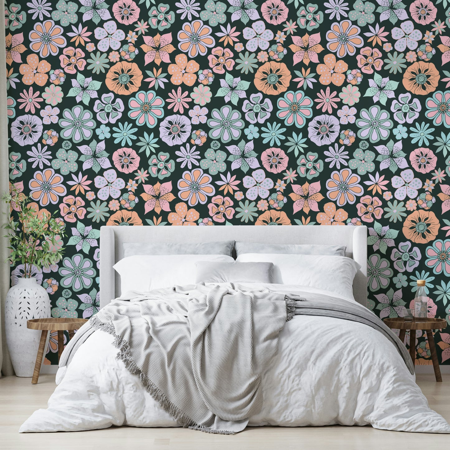 Wallpaper with a pattern of various colorful flowers.

