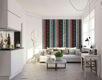 Autumn Stripes Modern Luxury Red Turquoise Wallpaper.


