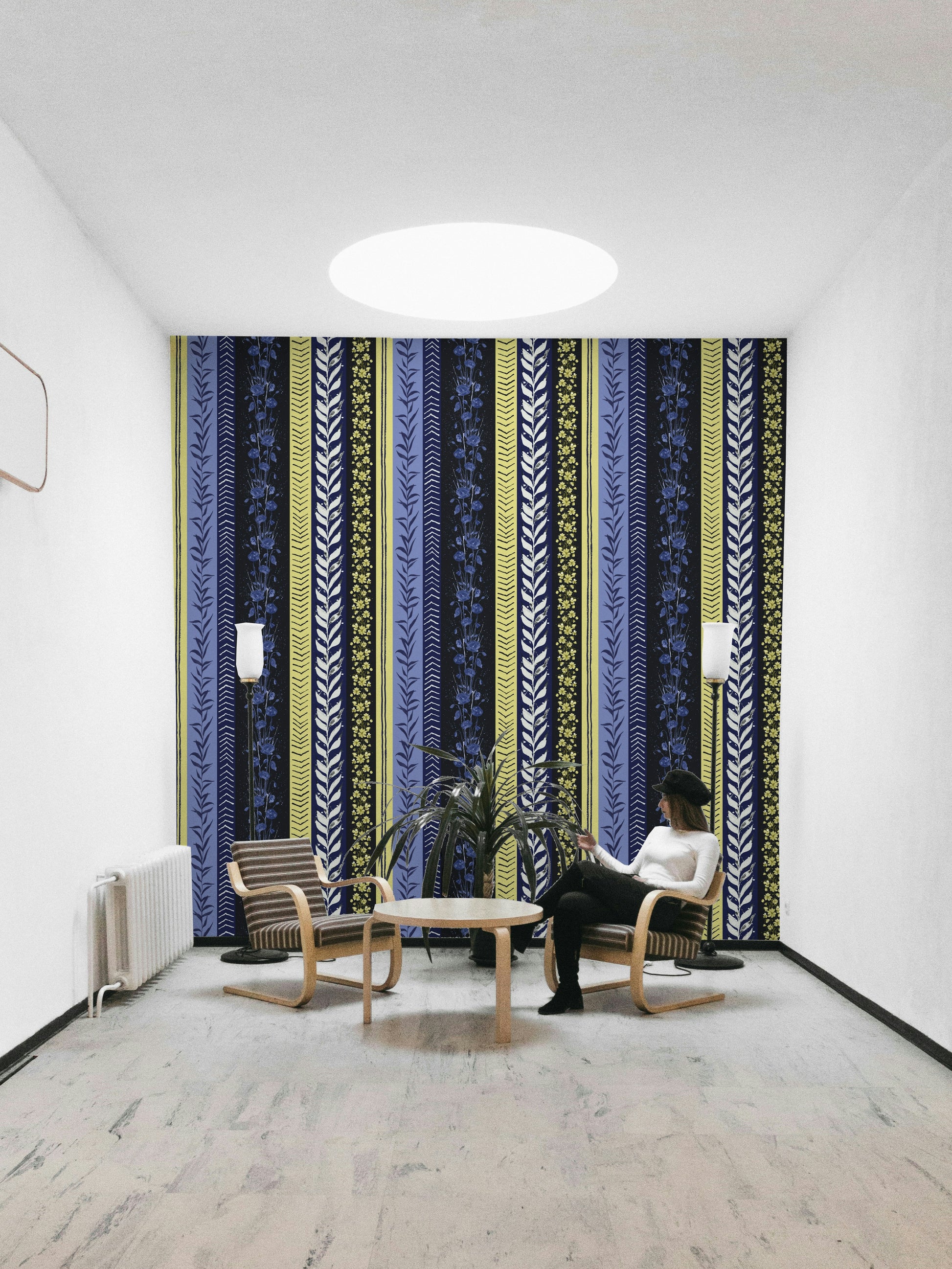 Wallpaper with abstract arrow and plant patterns.

