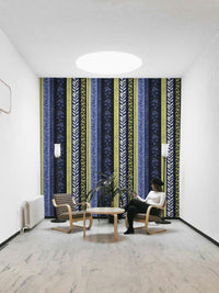 Wallpaper with abstract arrow and plant patterns.

