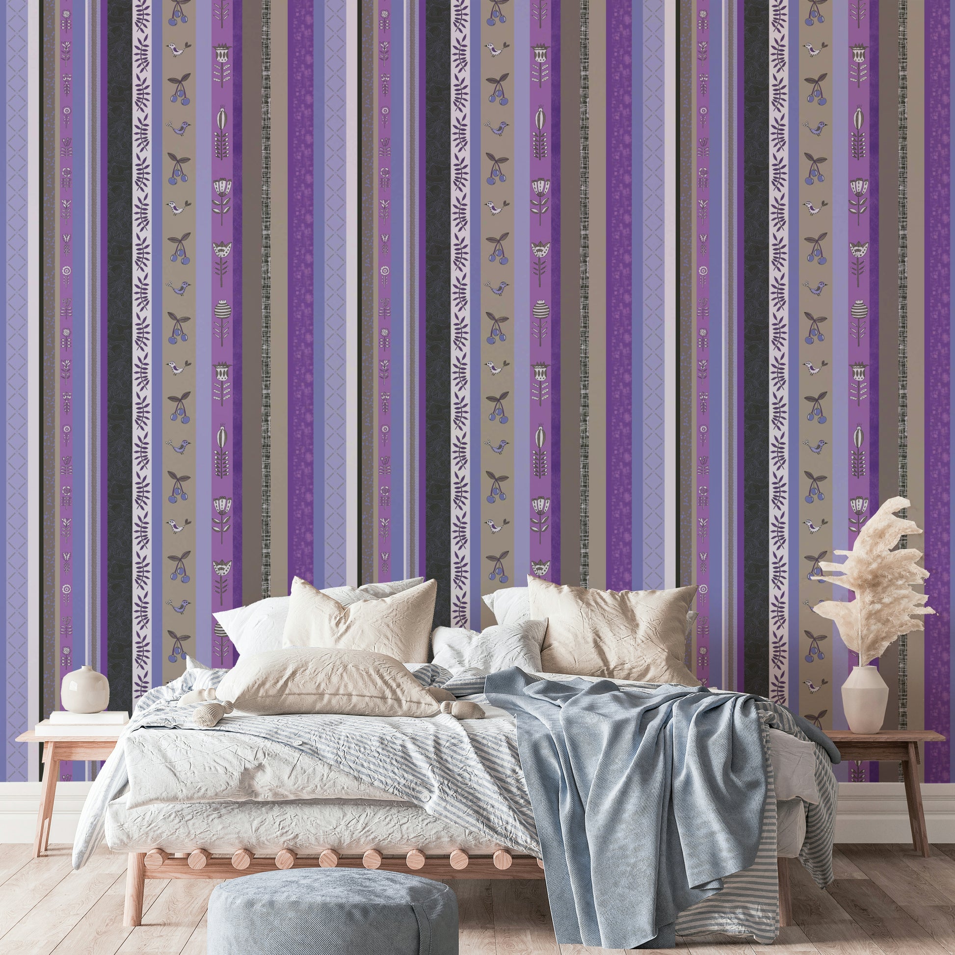 Whimsical Garden Stripes mural for a children's room.

