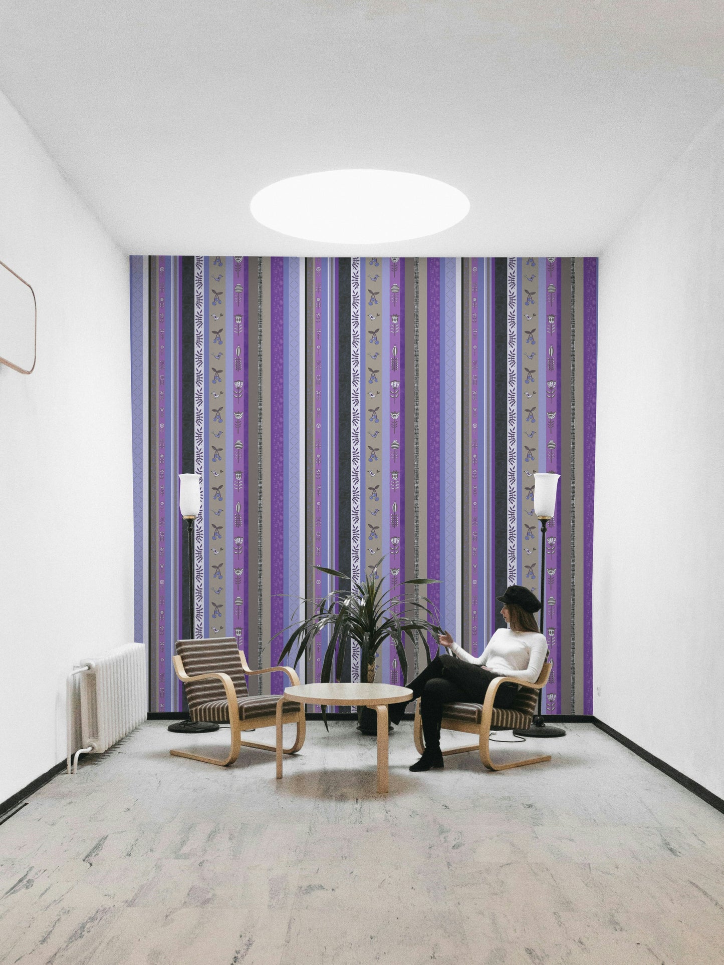 Wallpaper with vertical stripes of different patterns.

