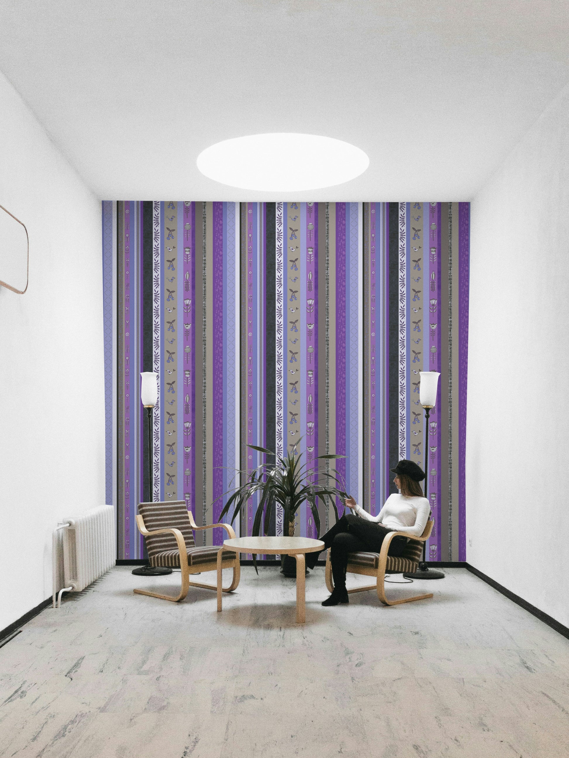 Wallpaper with vertical stripes of different patterns.

