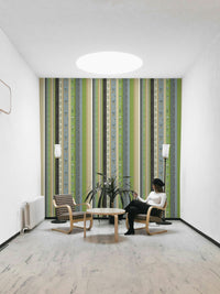 Close-up of a floral stripe on the wallpaper.

