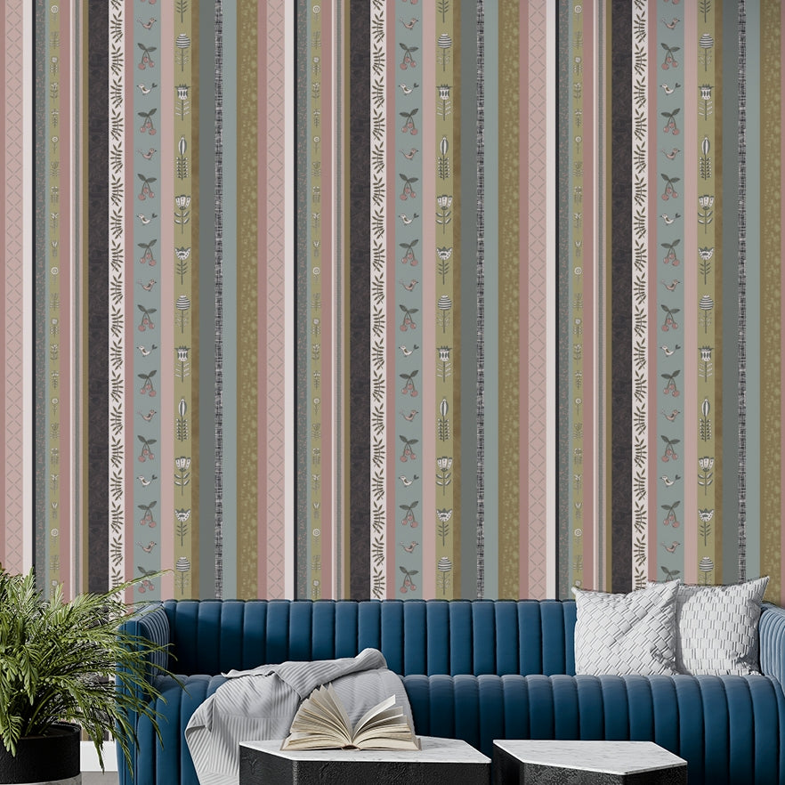 Wallpaper with vertical stripes of different patterns.

