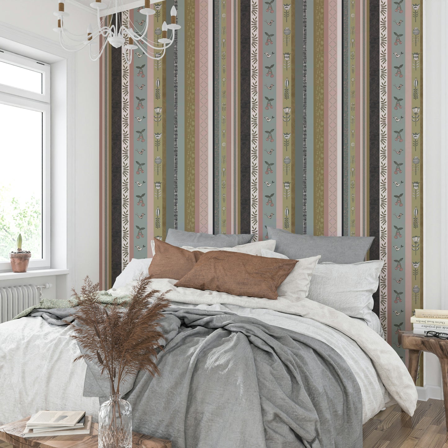 Close-up of the birds and cherries on the wallpaper.

