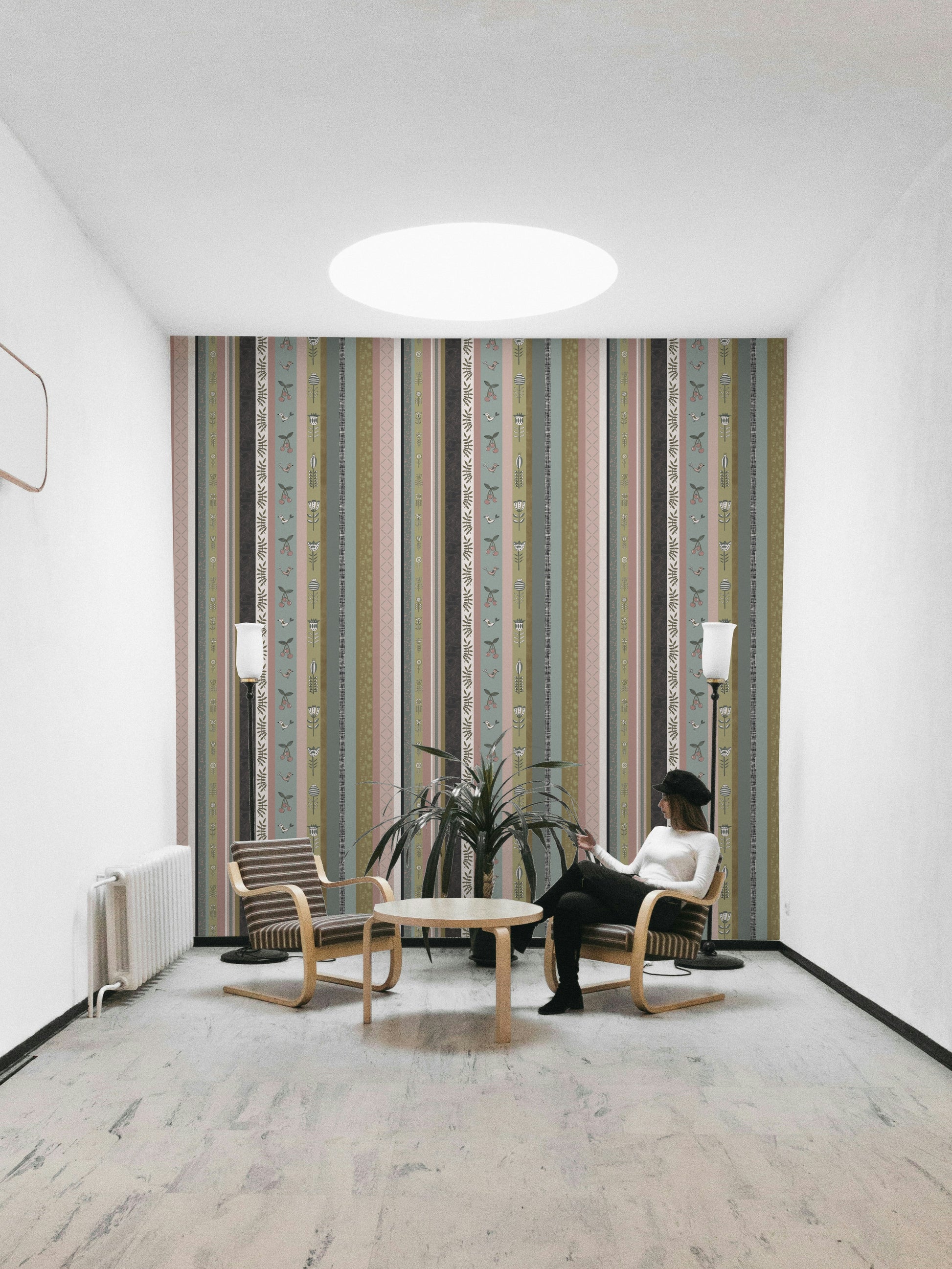 Striped wallpaper with a whimsical garden theme.

