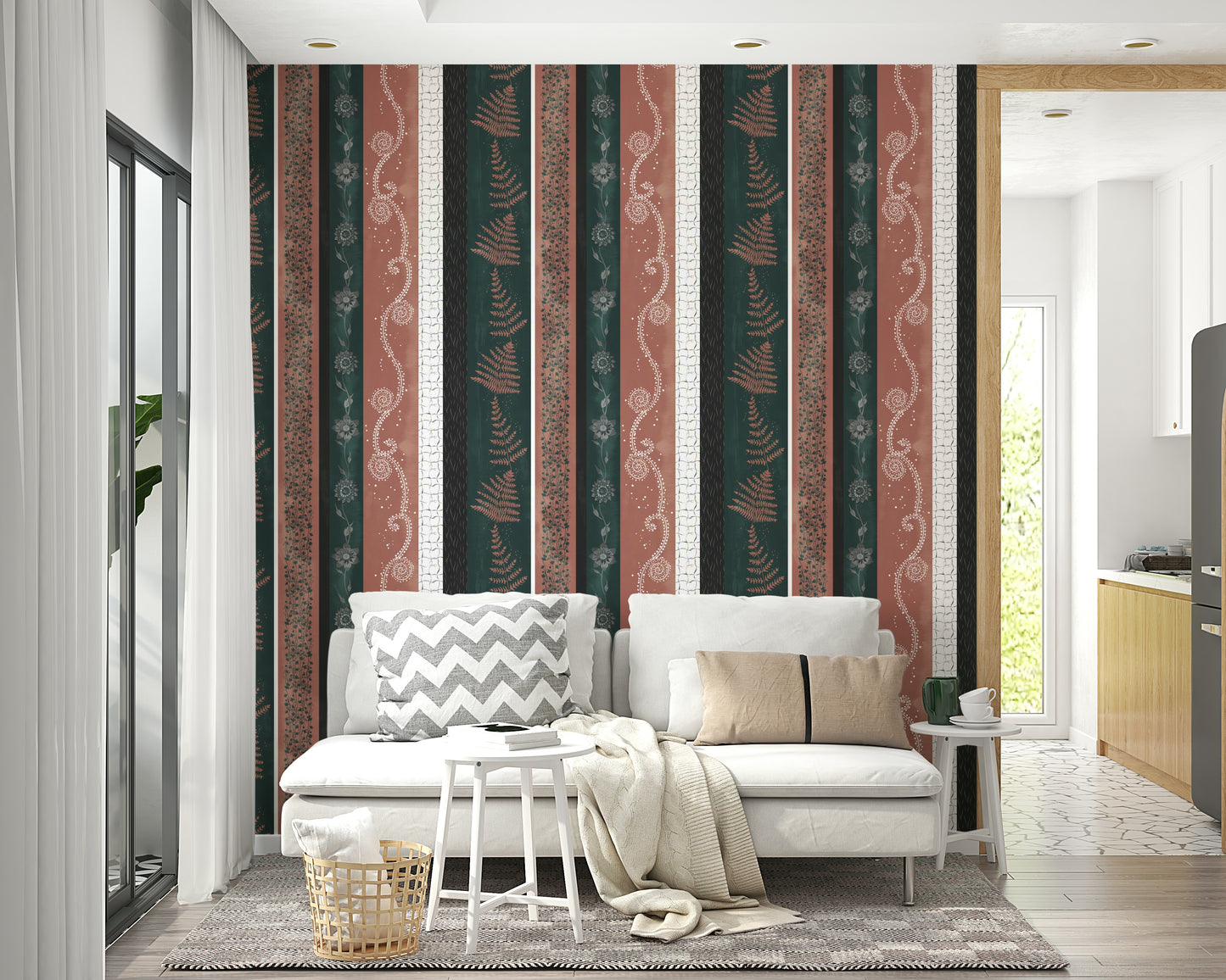 Abstract Nature Stripes mural for a modern bedroom.

