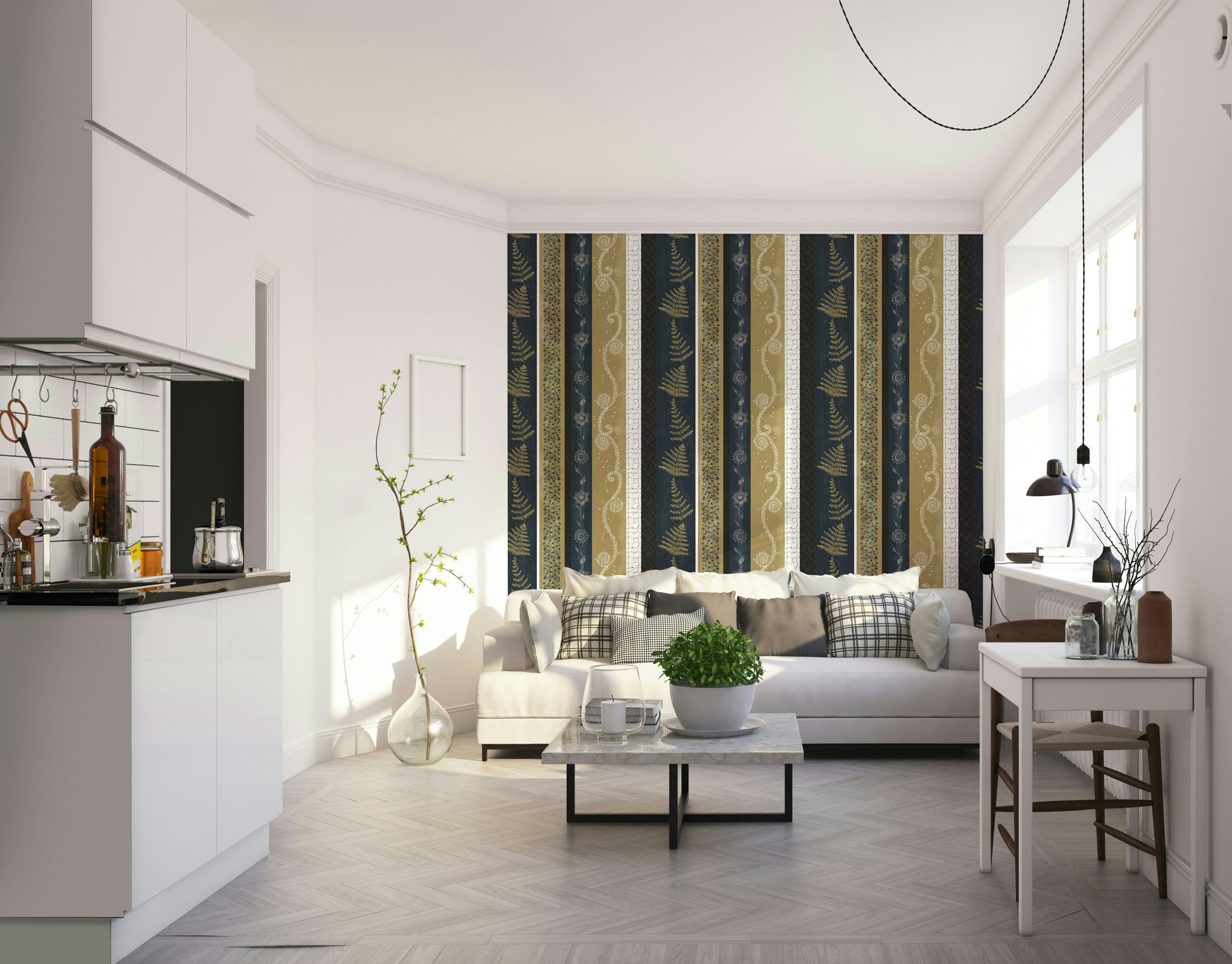 Abstract striped wallpaper with natural elements.

