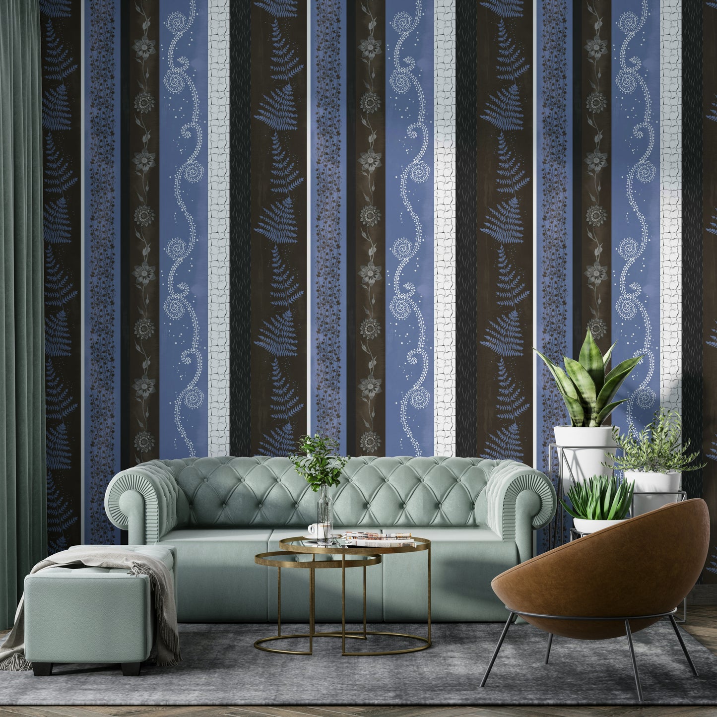 Abstract Nature Stripes mural in a living room.

