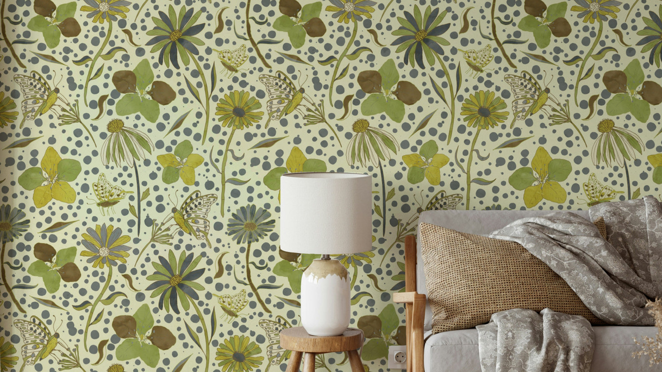 Wallpaper with shades of green and yellow.

