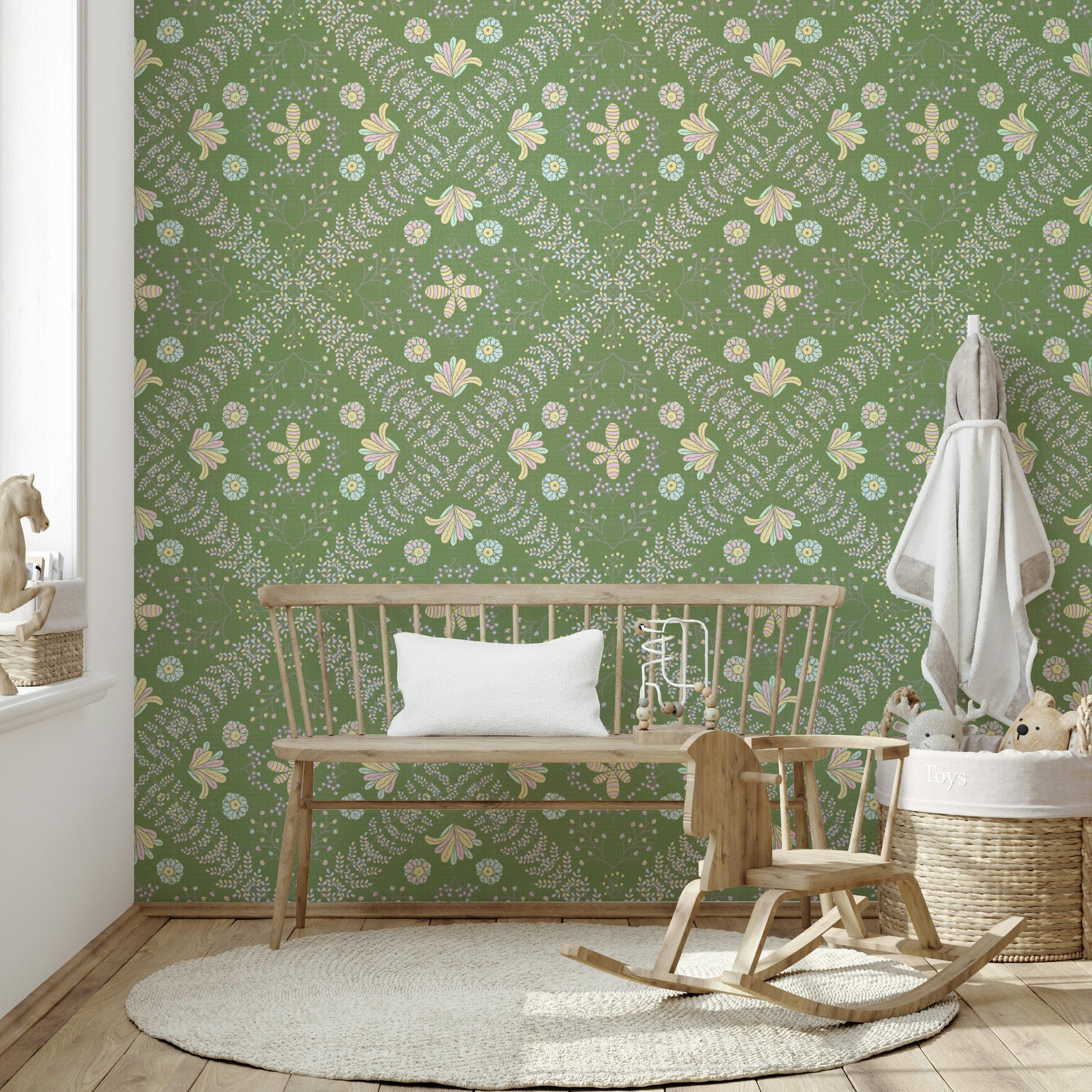 olive green wallpaper with a floral pattern

