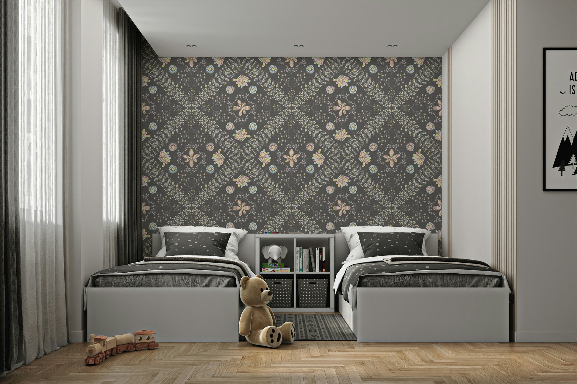 gray wallpaper with a floral pattern

